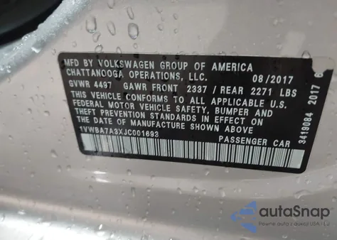 2018 Volkswagen Passat 2.0T Se из США, поврежденный, VIN 1VWBA7A3XJC001693